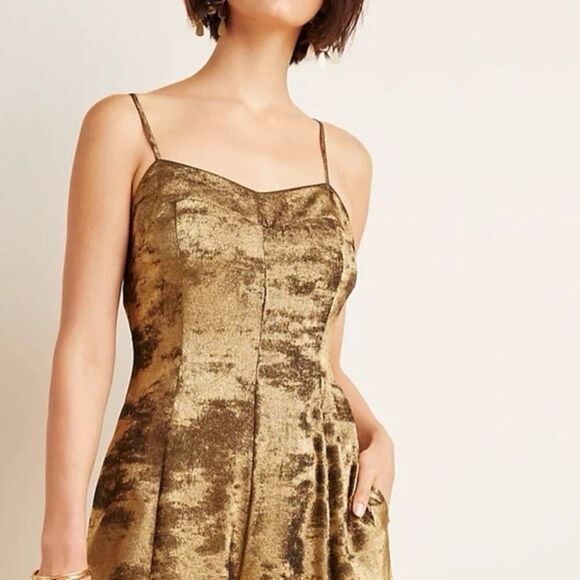 Anthropologie Women’s Erika Metallic Satin Burnout Spaghetti Strap Wide Leg Jump - Picture 8 of 12